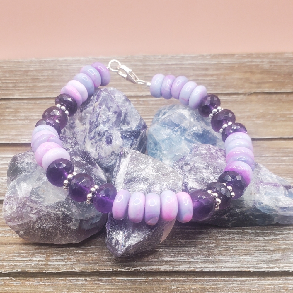 Amethyst, Morado Opal and Sterling Silver Beaded Bracelet